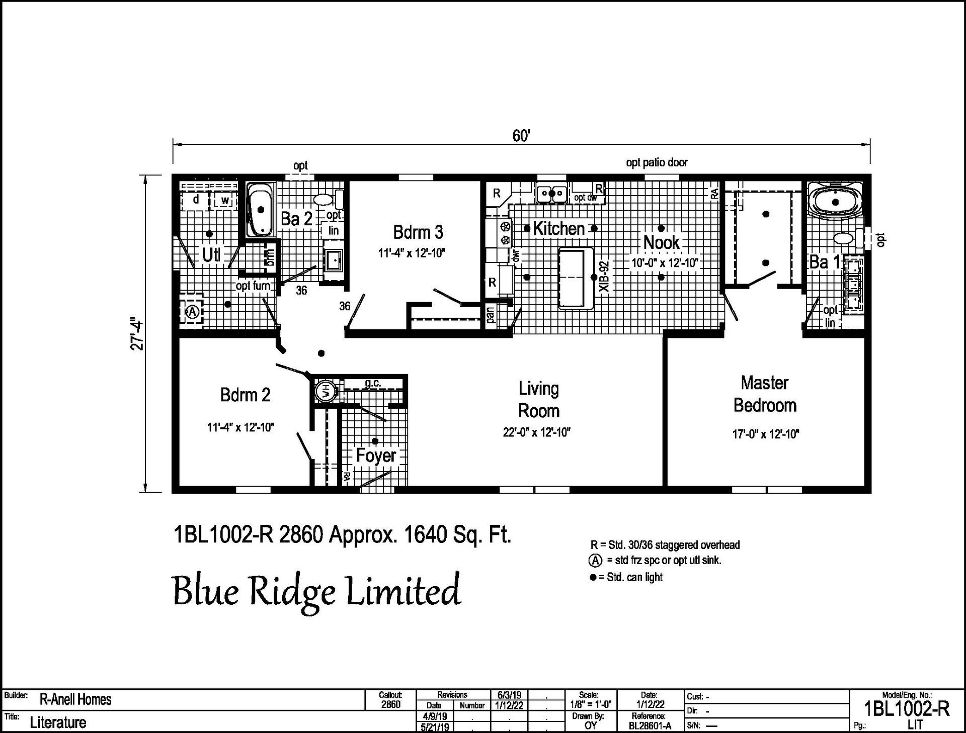 A black and white floor plan of a mobile home by blue ridge limited
