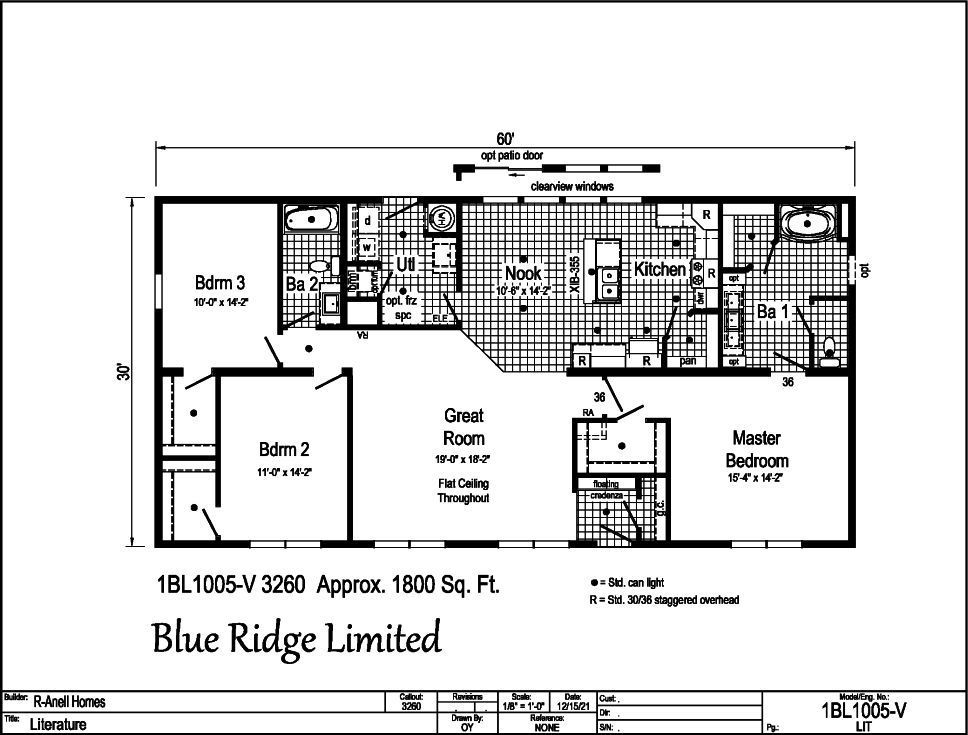 A black and white floor plan of a mobile home by blue ridge limited