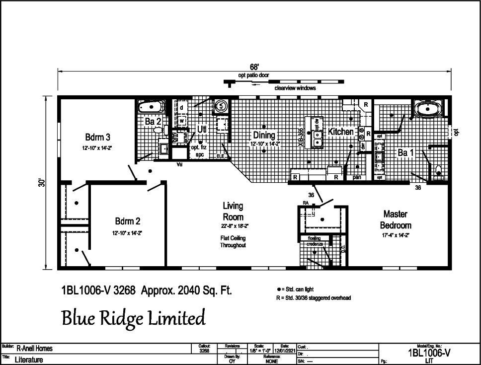 A black and white floor plan of a mobile home by blue ridge limited