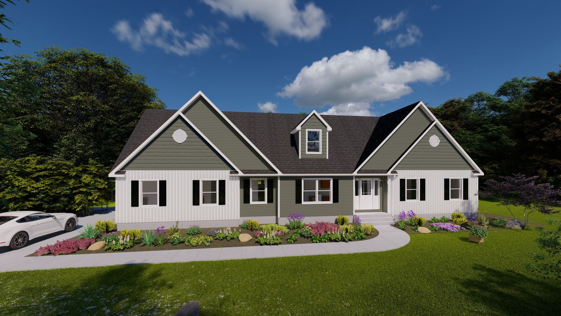 A rendering of a house with a car parked in front of it.