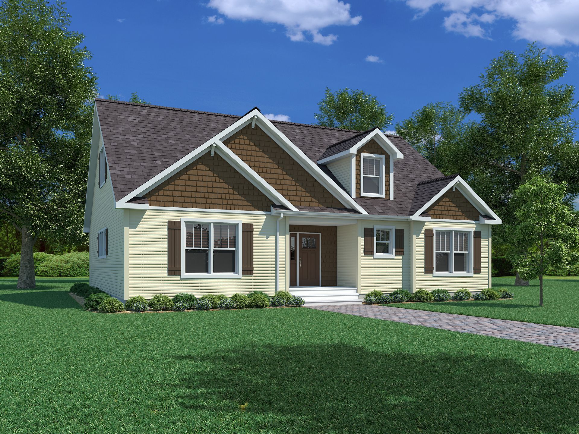 A rendering of a house with brown siding and shutters