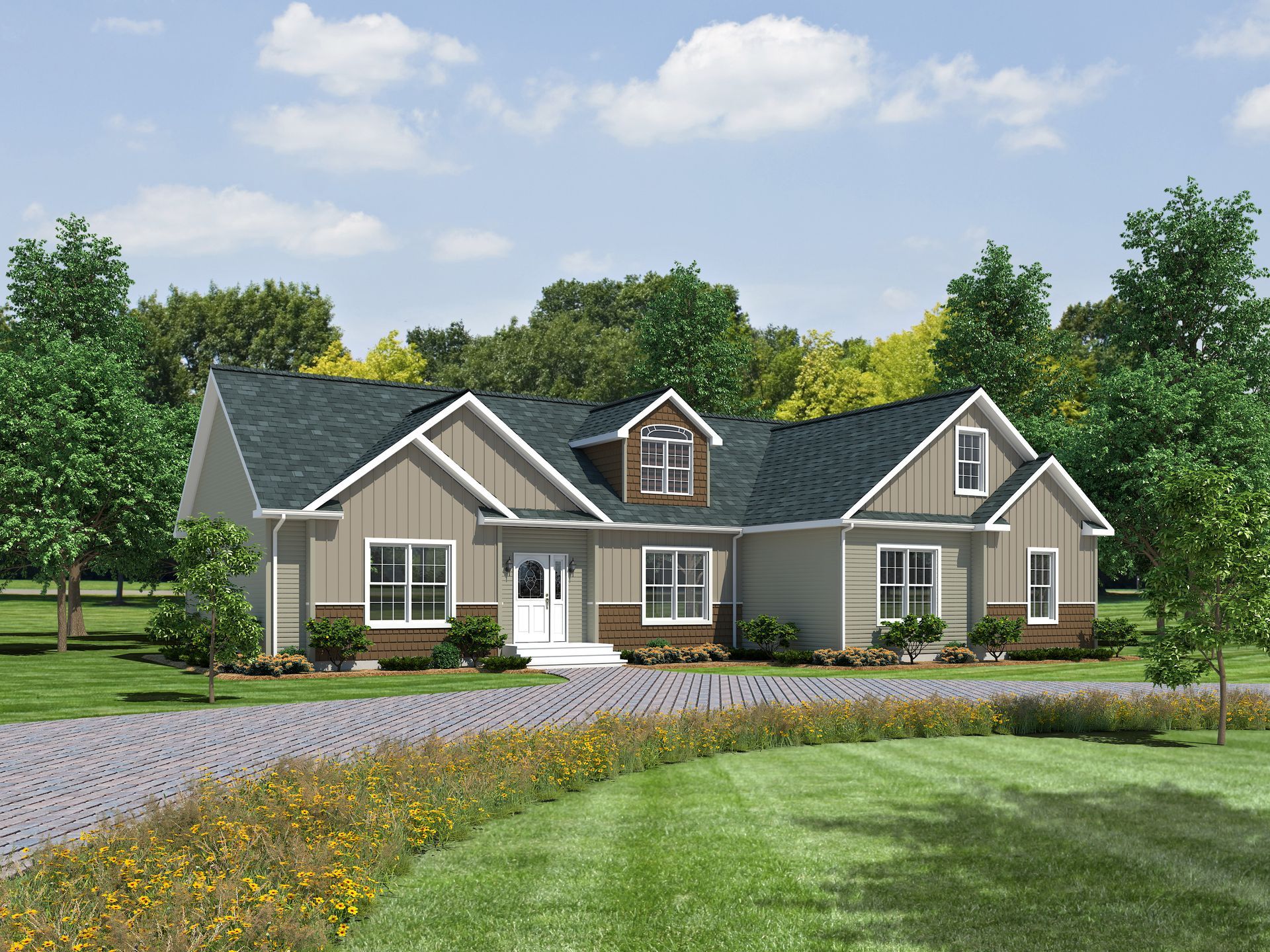 An artist 's impression of a house with a blue roof