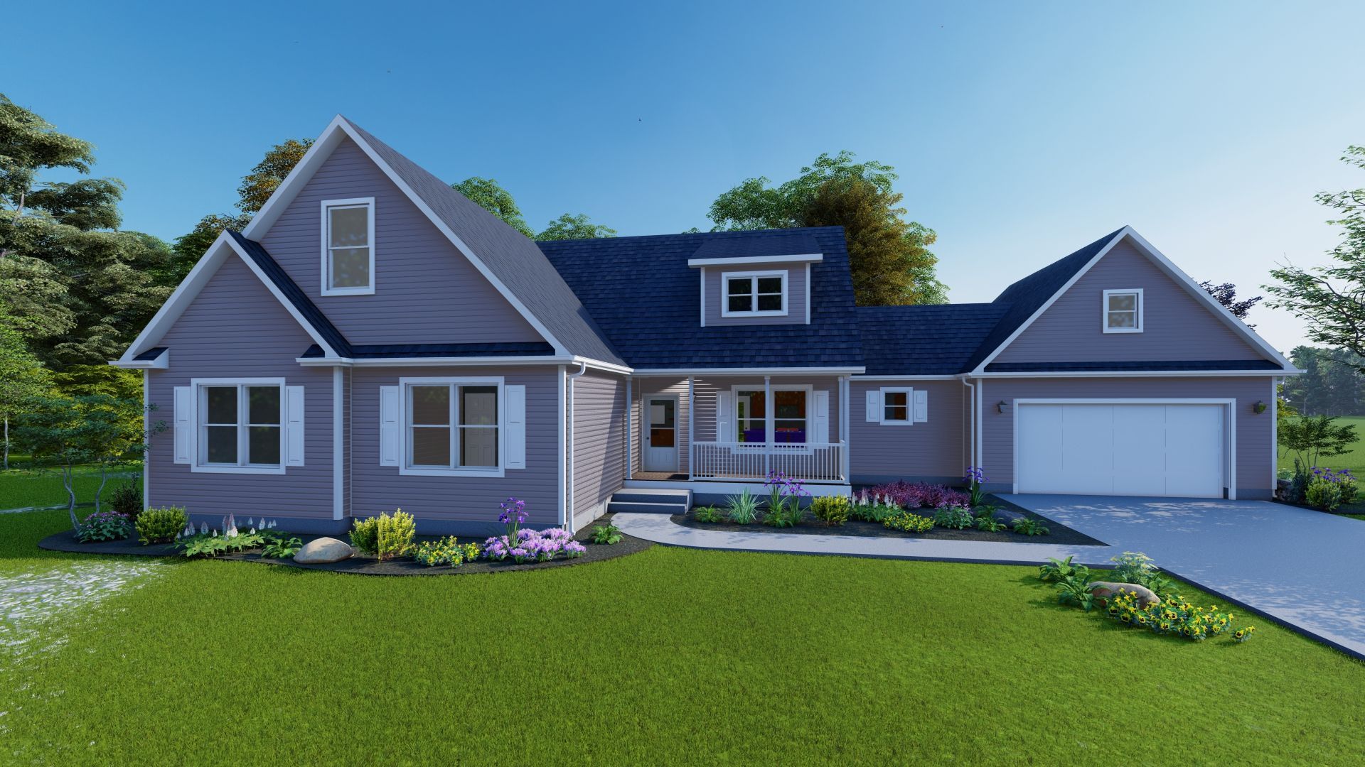 A rendering of a house with a blue roof