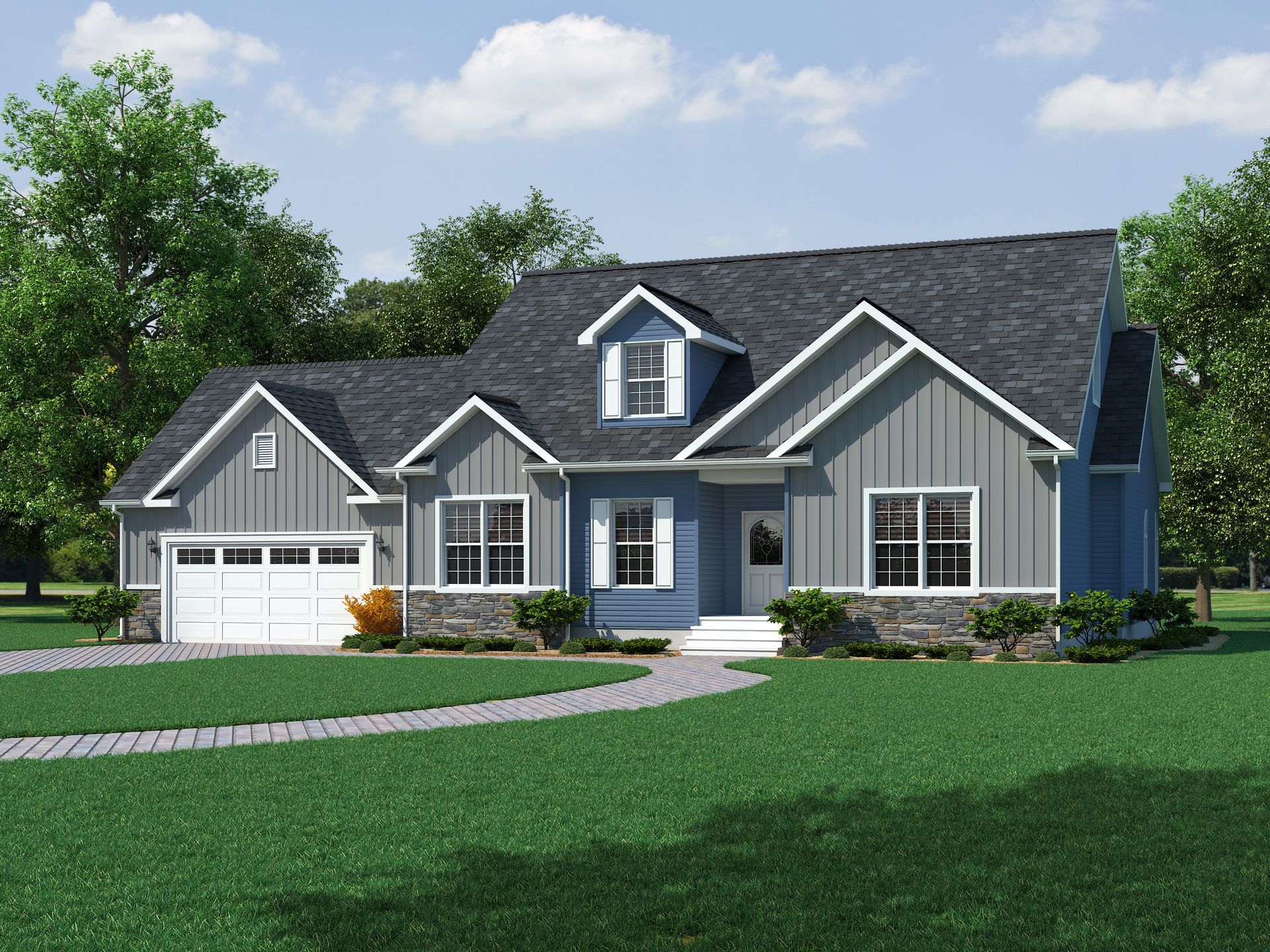 A rendering of a gray and white house with a black roof