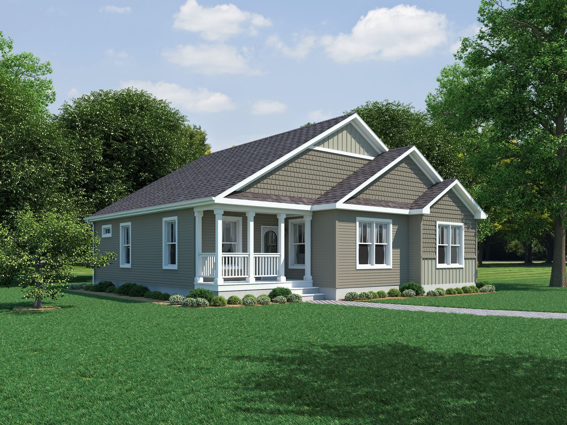 A small house with a porch is sitting in the middle of a lush green field.