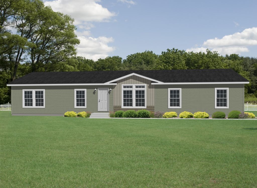 A large house with a black roof is sitting in the middle of a lush green field