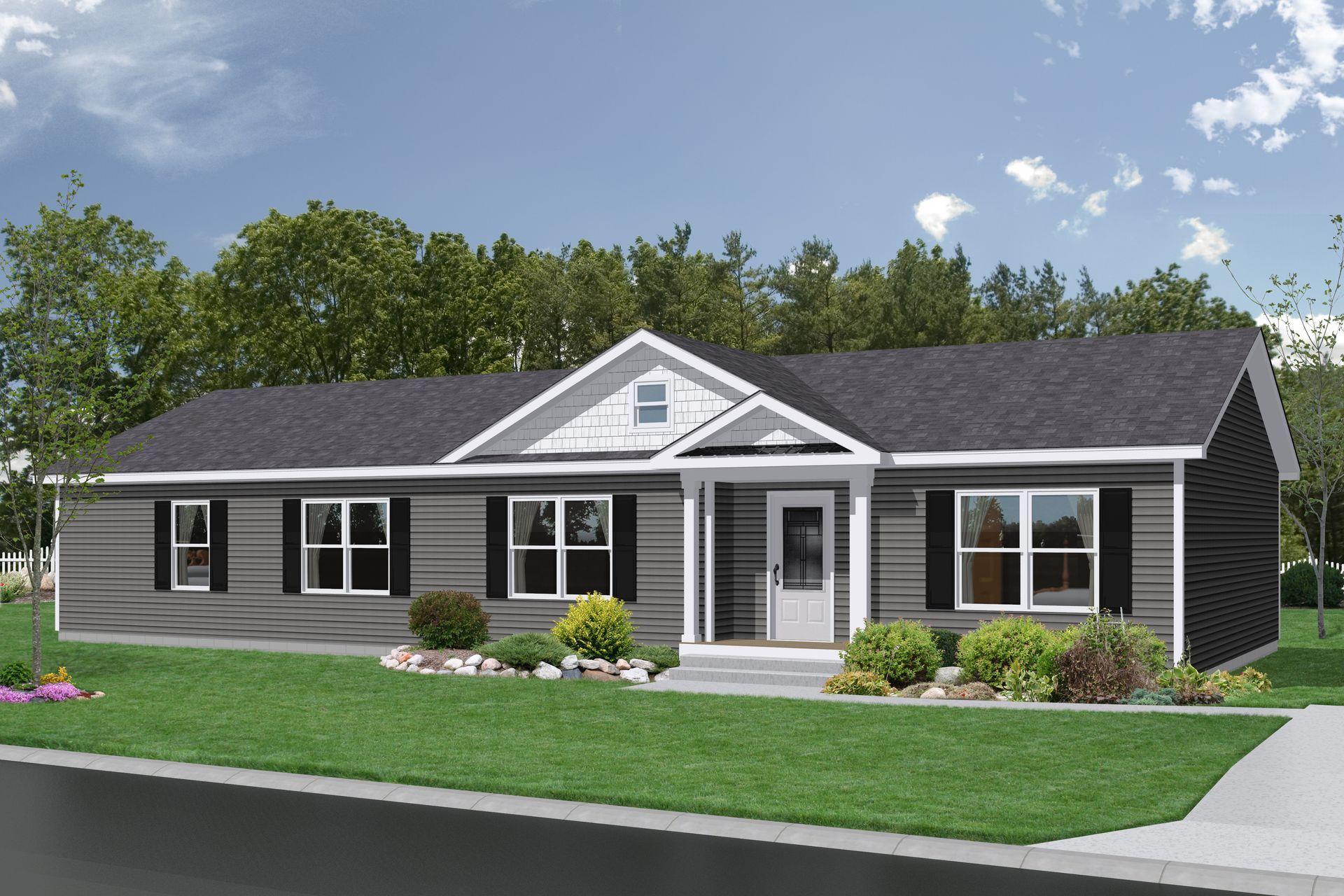 A rendering of a house with a black roof and white trim