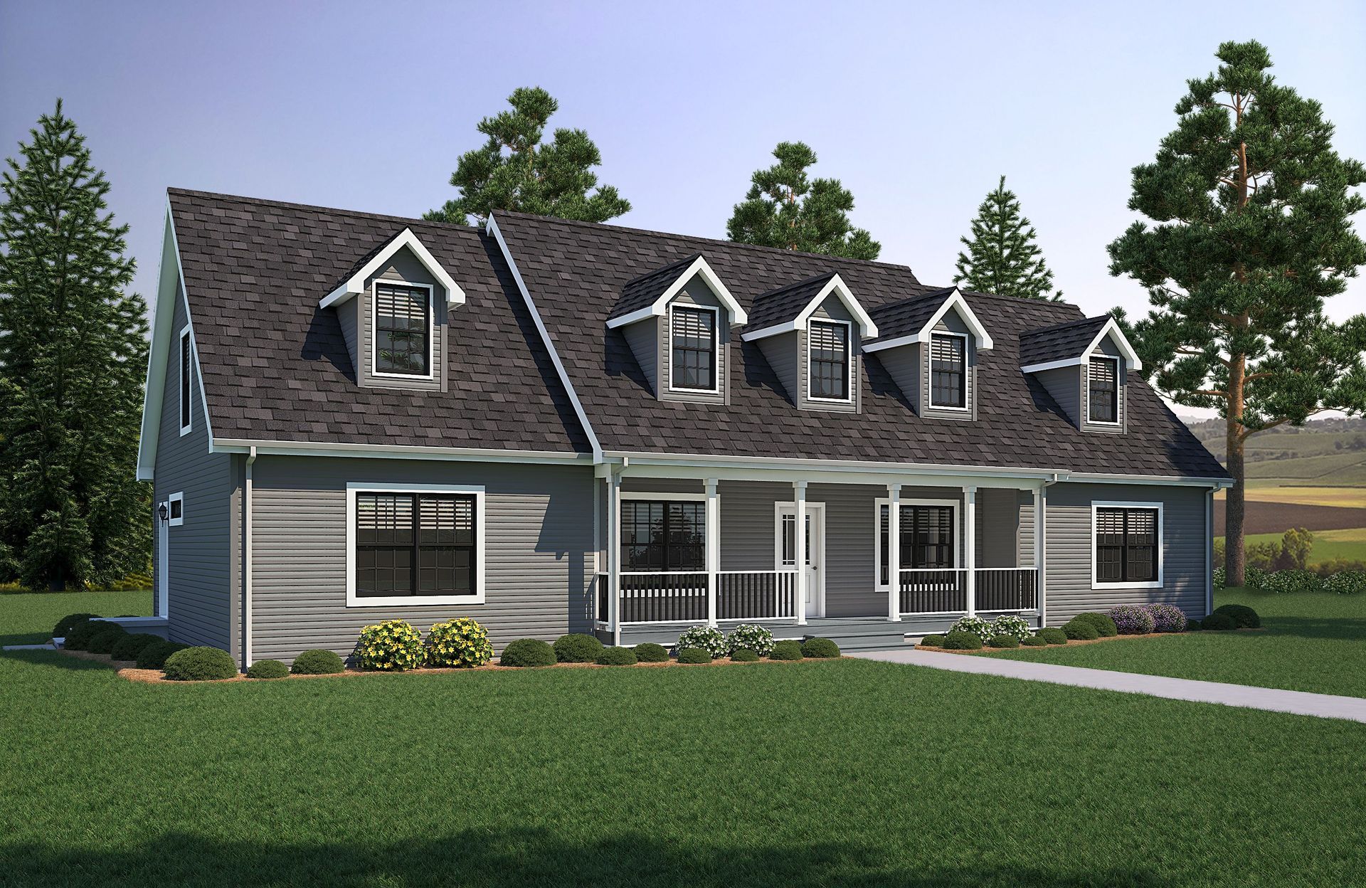 An artist 's impression of a house with a large porch.