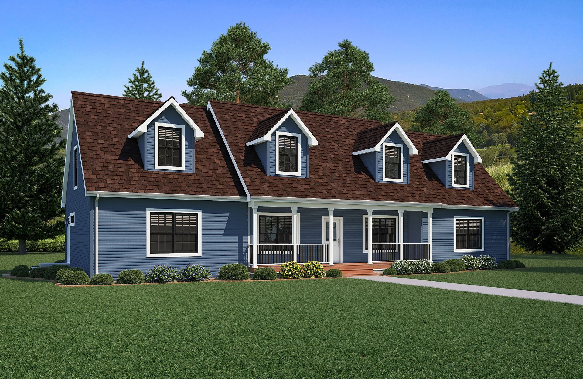 A blue house with a red roof and white trim