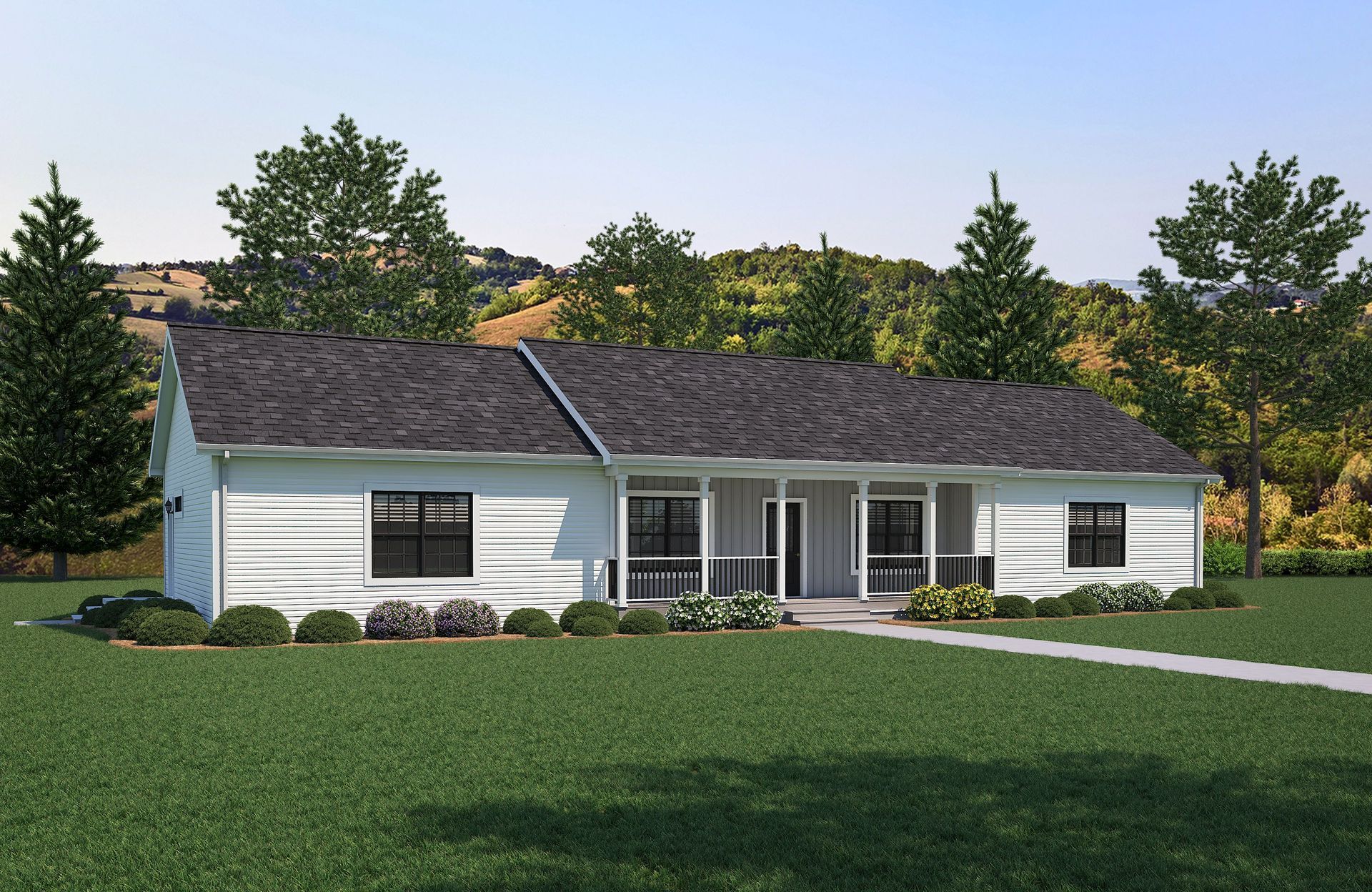 A white house with a black roof is sitting on top of a lush green field.