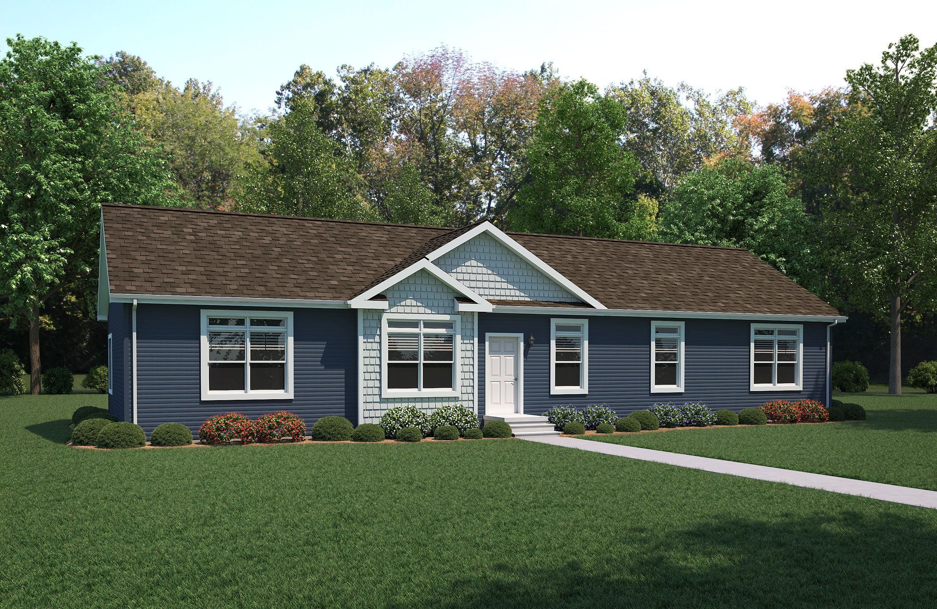A blue house with white trim and a brown roof