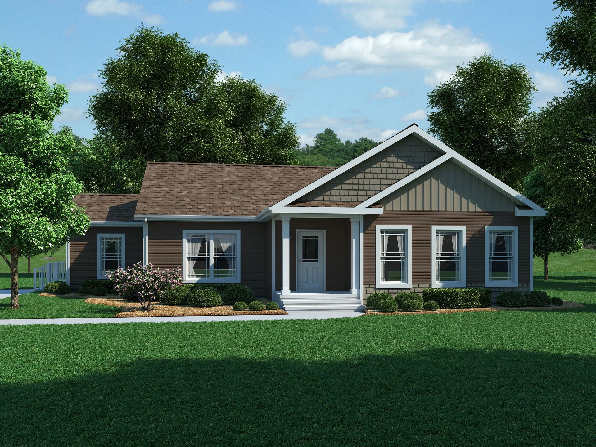 An artist 's impression of a house with brown siding and white trim