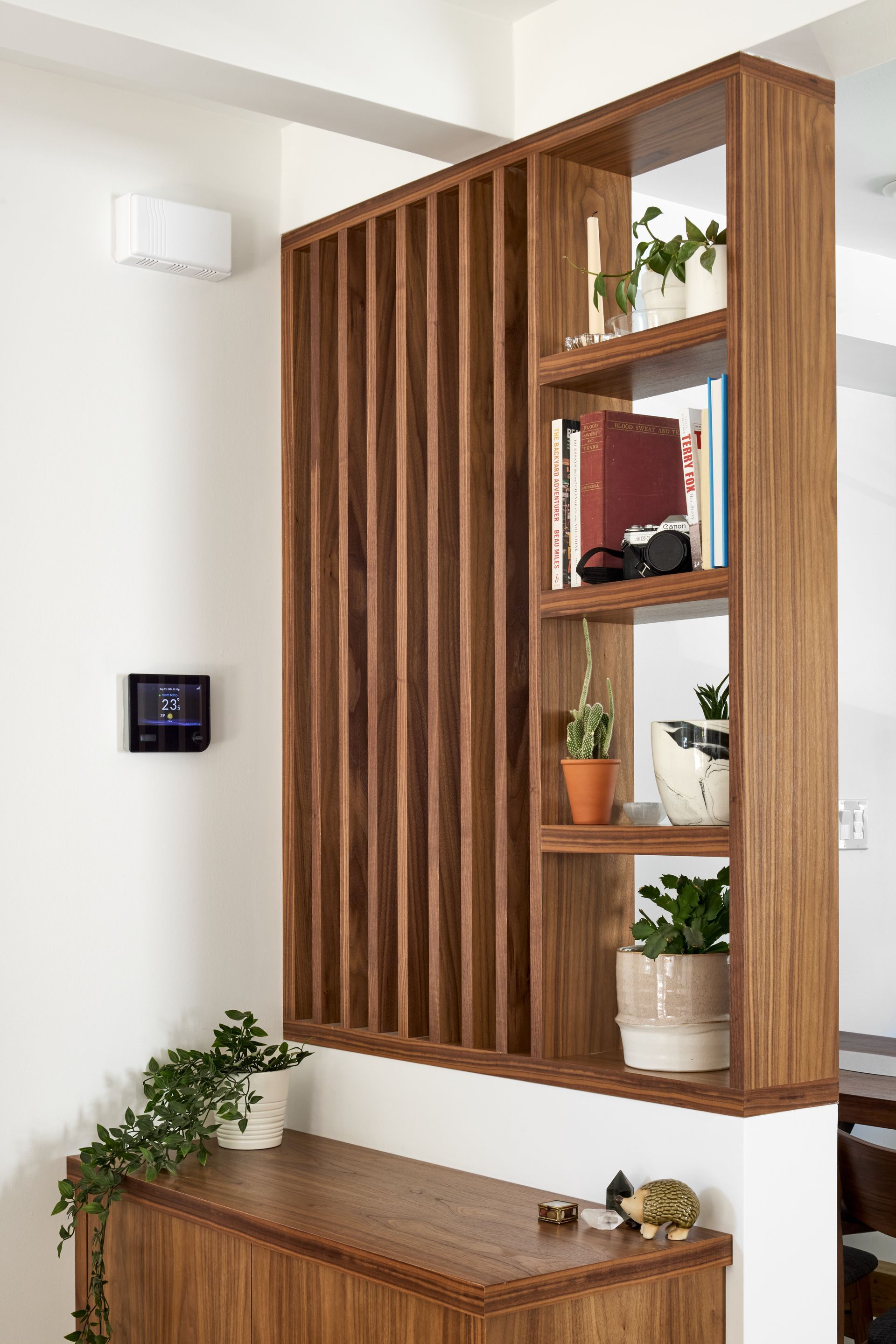 A wooden shelf with books and potted plants on it in a room.