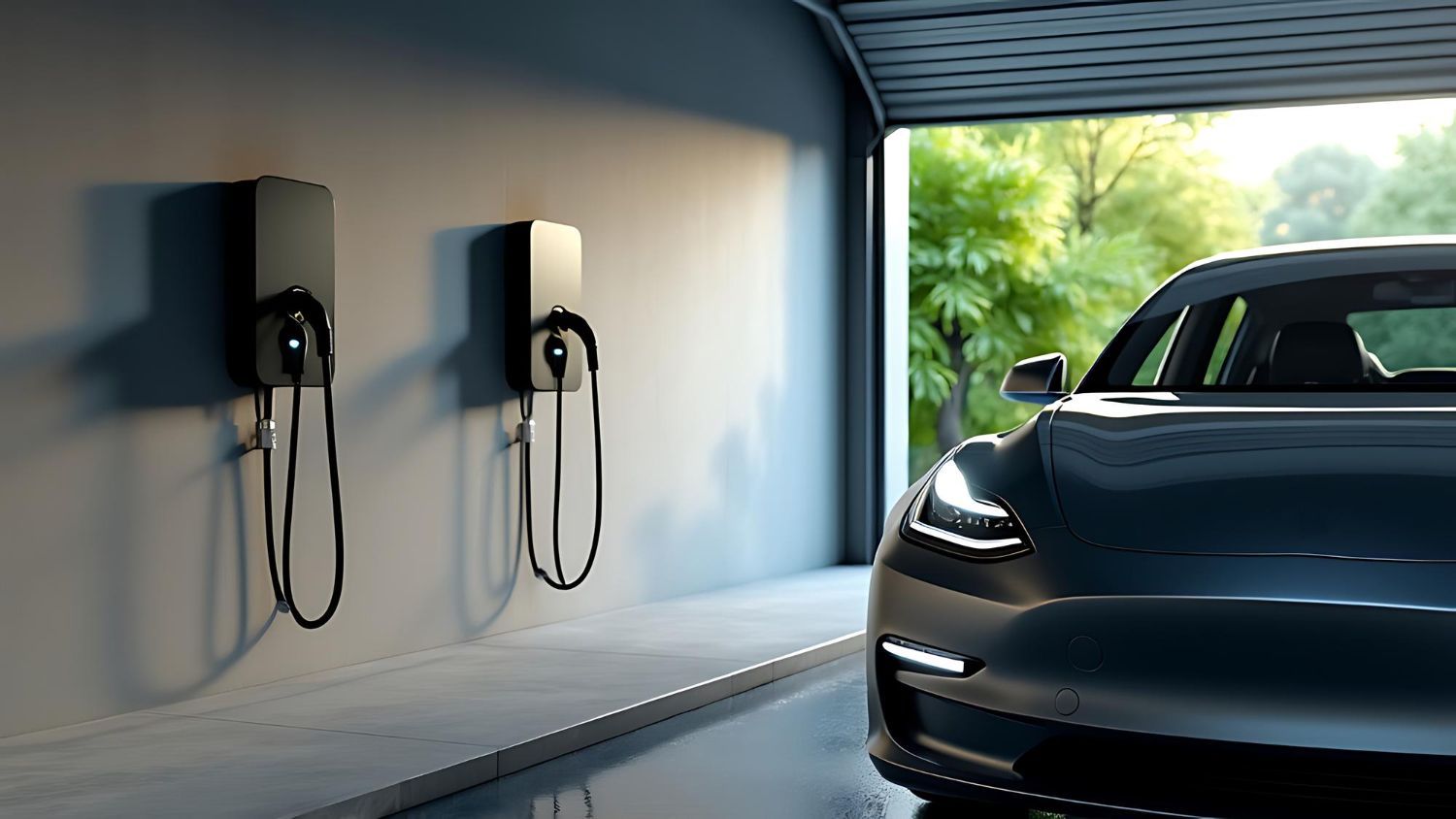 A dark electric car parked in a garage with two wall-mounted charging stations on the left.