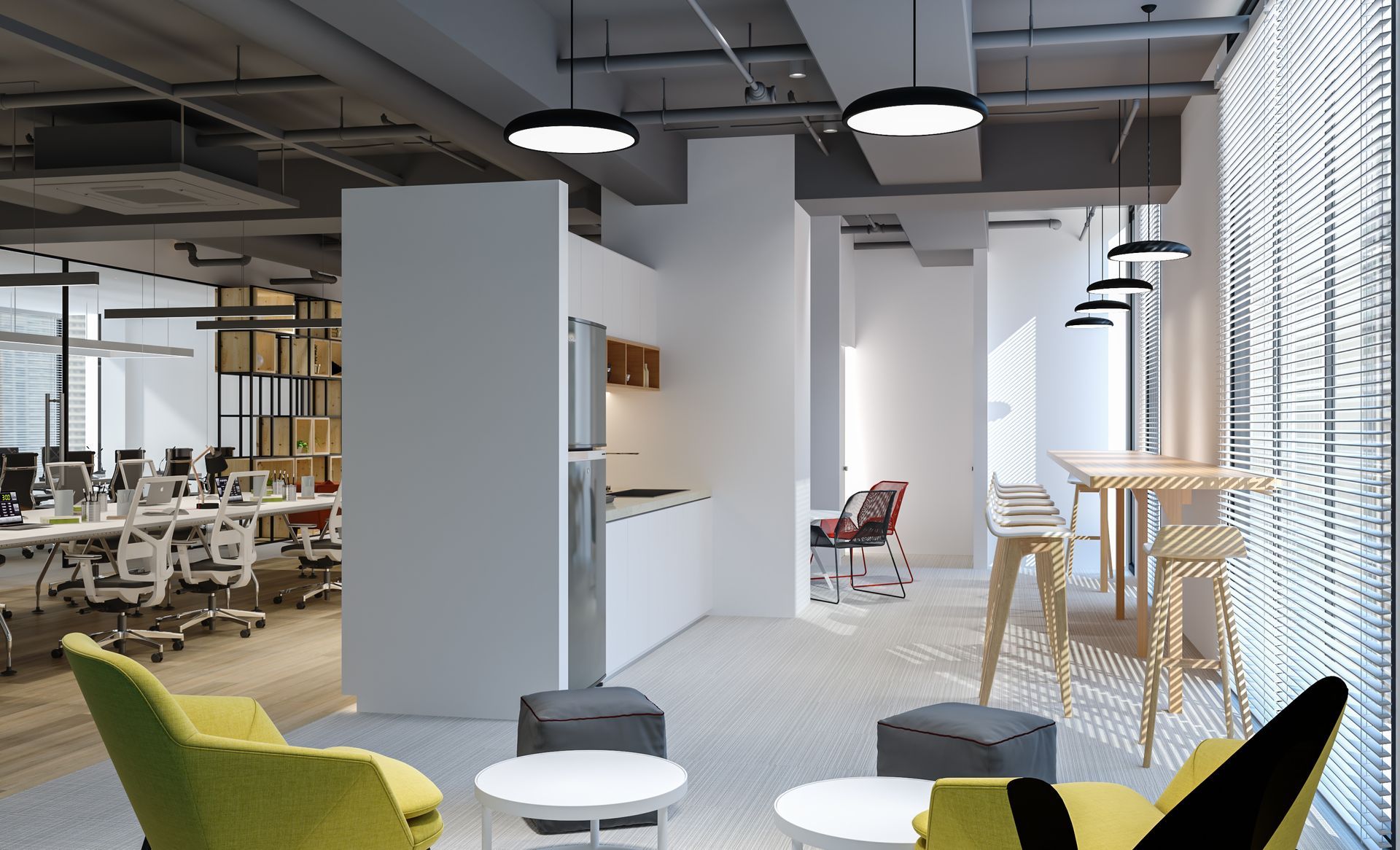 A living room with yellow chairs and tables in an office