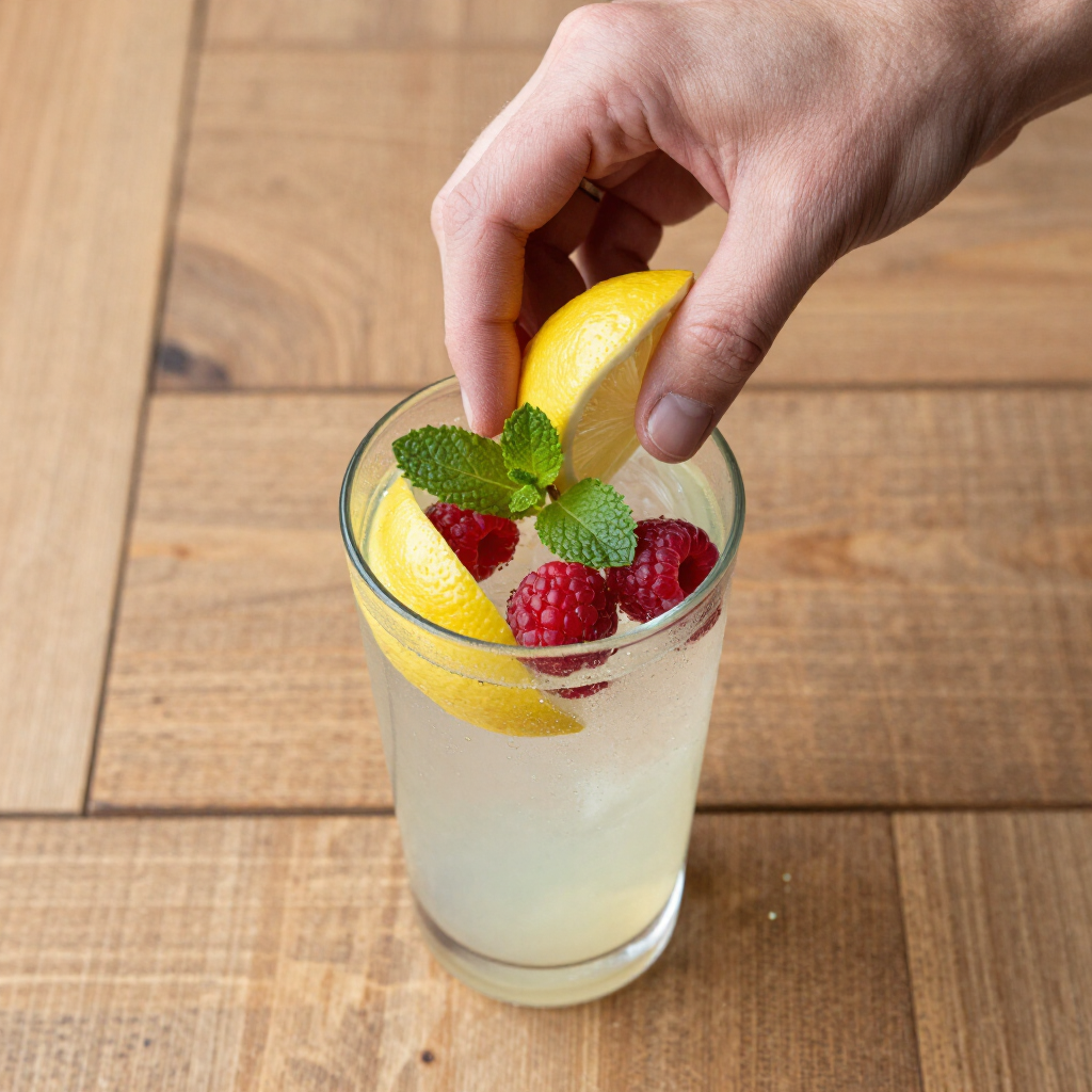 Hand placing a lemon slice and raspberries on a mint-garnished drink in a glass on a wooden table