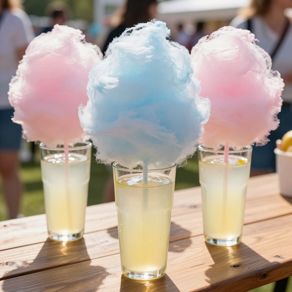 Three pastel cotton candy drinks in clear glasses on a wooden table outdoors