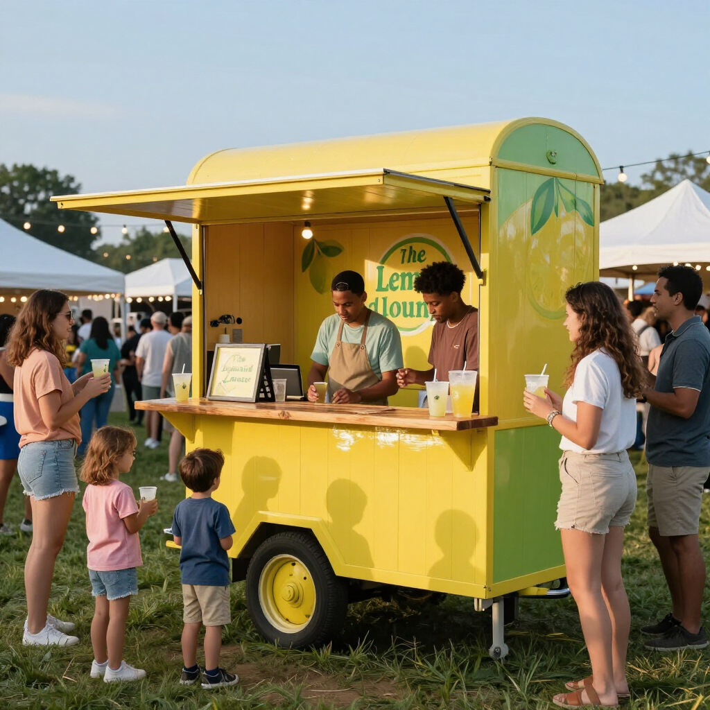 Yellow lemonade stand at an outdoor fair with people ordering drinks