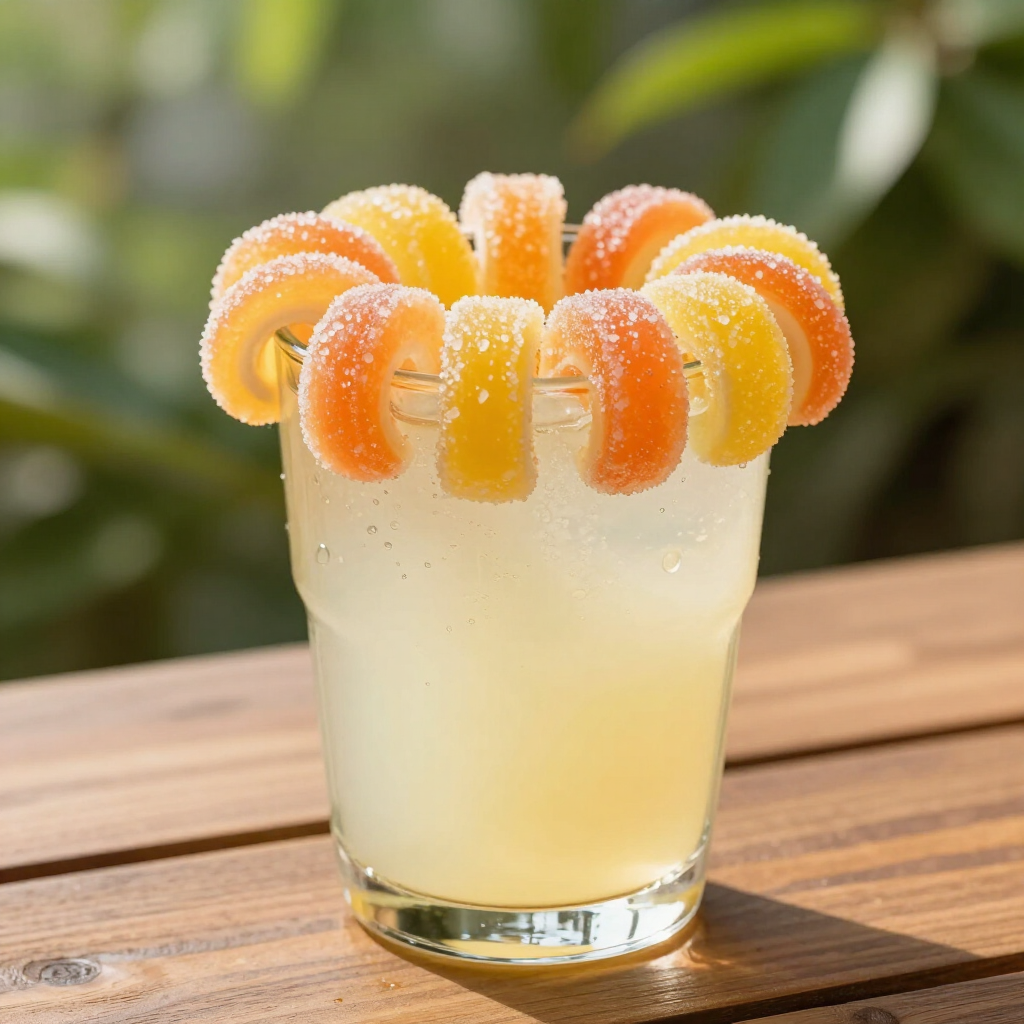 A frosty citrus drink in a glass, topped with orange and grapefruit slices, on a wooden table.
