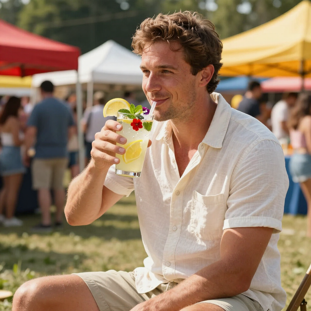 Man in white shirt sipping a lemonade at an outdoor festival with colorful tents in the background