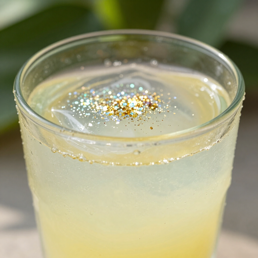 Shimmering pale yellow cocktail in a clear glass with glitter on top