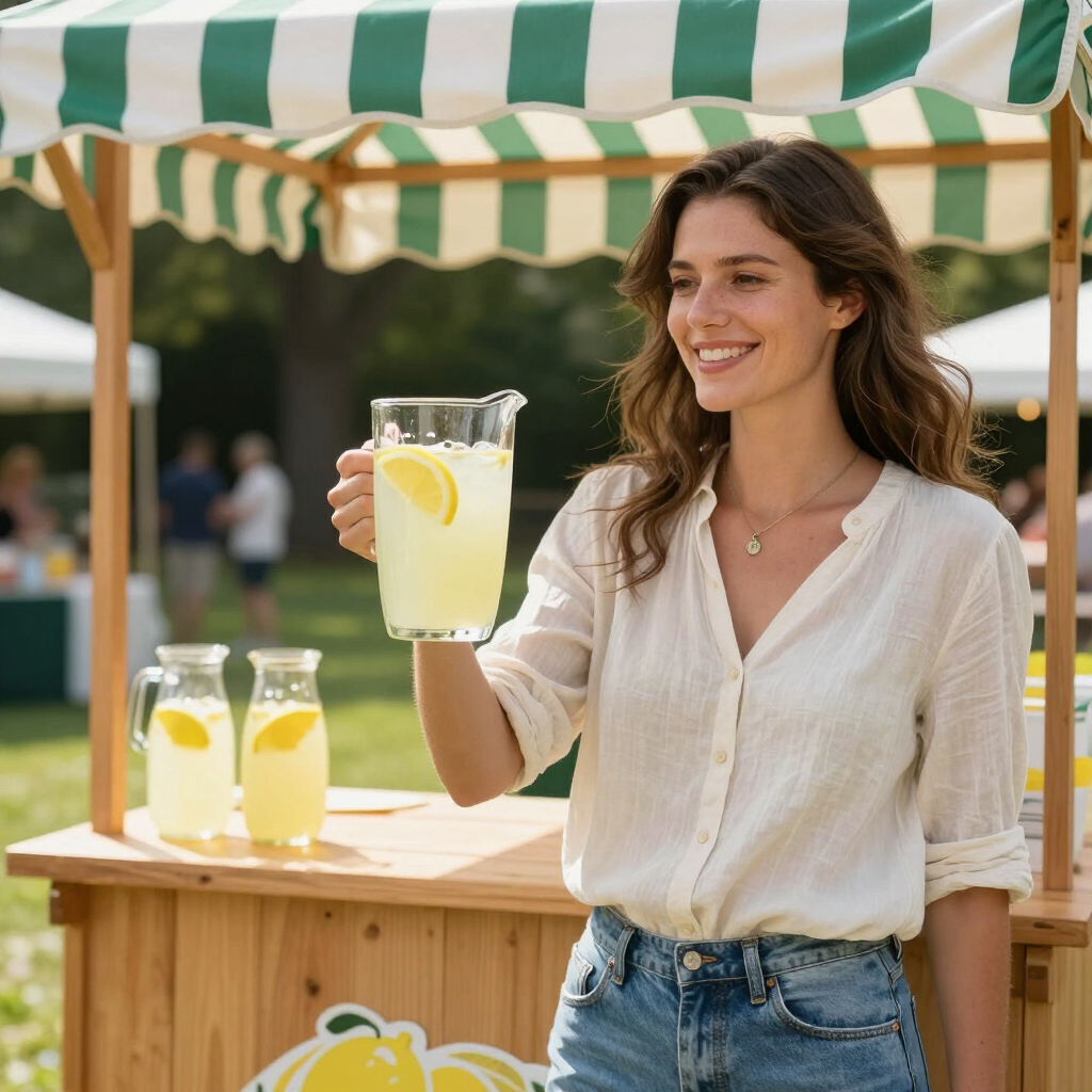 Woman smiling and holding a glass of lemonade at an outdoor drink stand