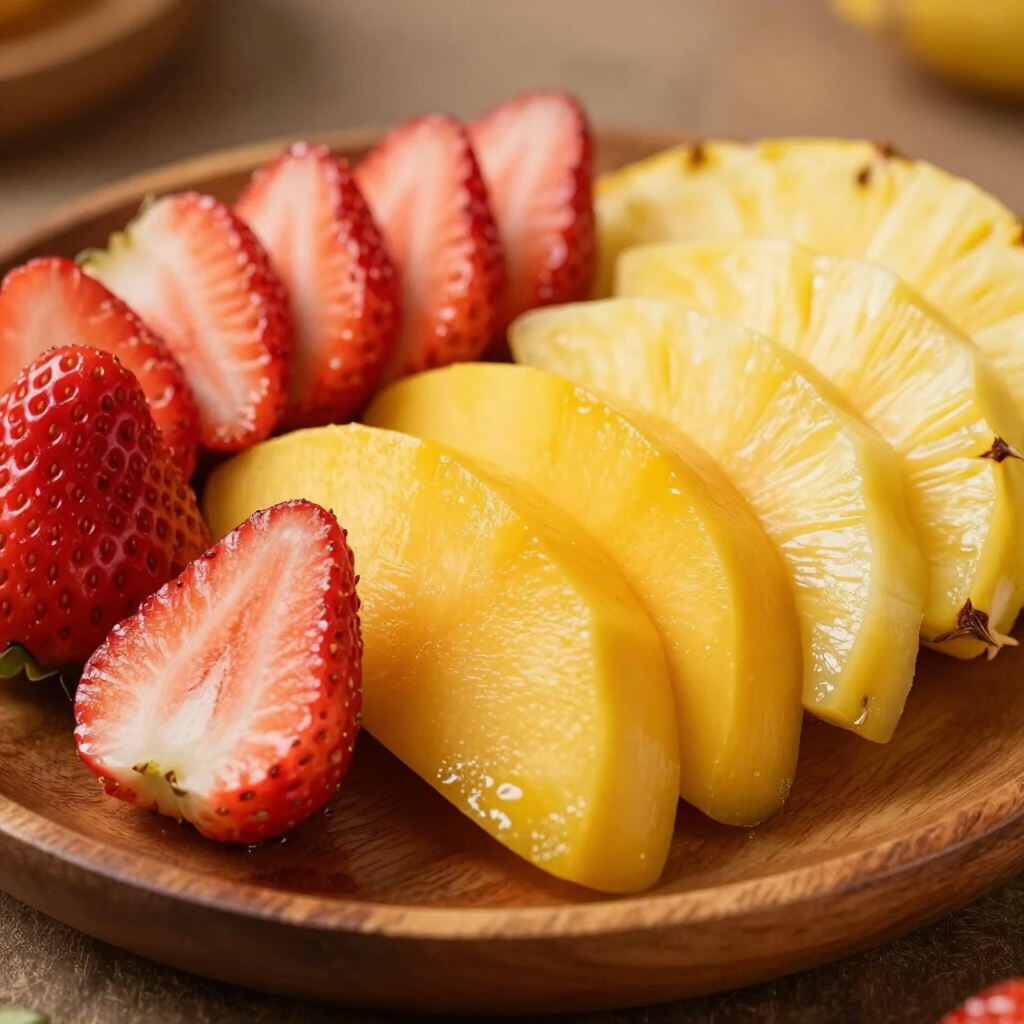 Sliced strawberries, mango, and pineapple arranged on a wooden plate