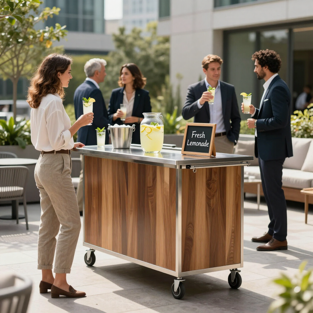 People chatting around a lemonade cart at an outdoor office event.