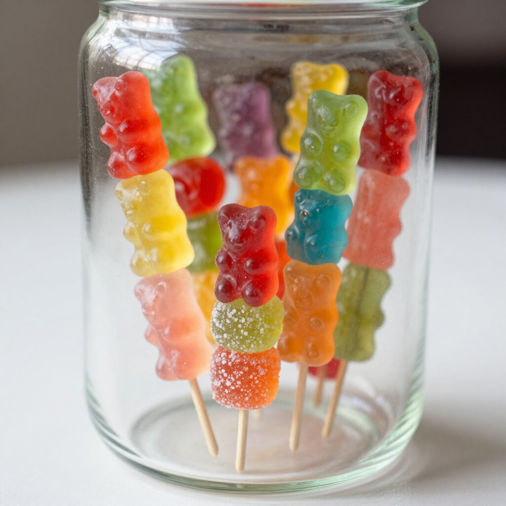 Glass jar filled with colorful gummy candies on wooden skewers