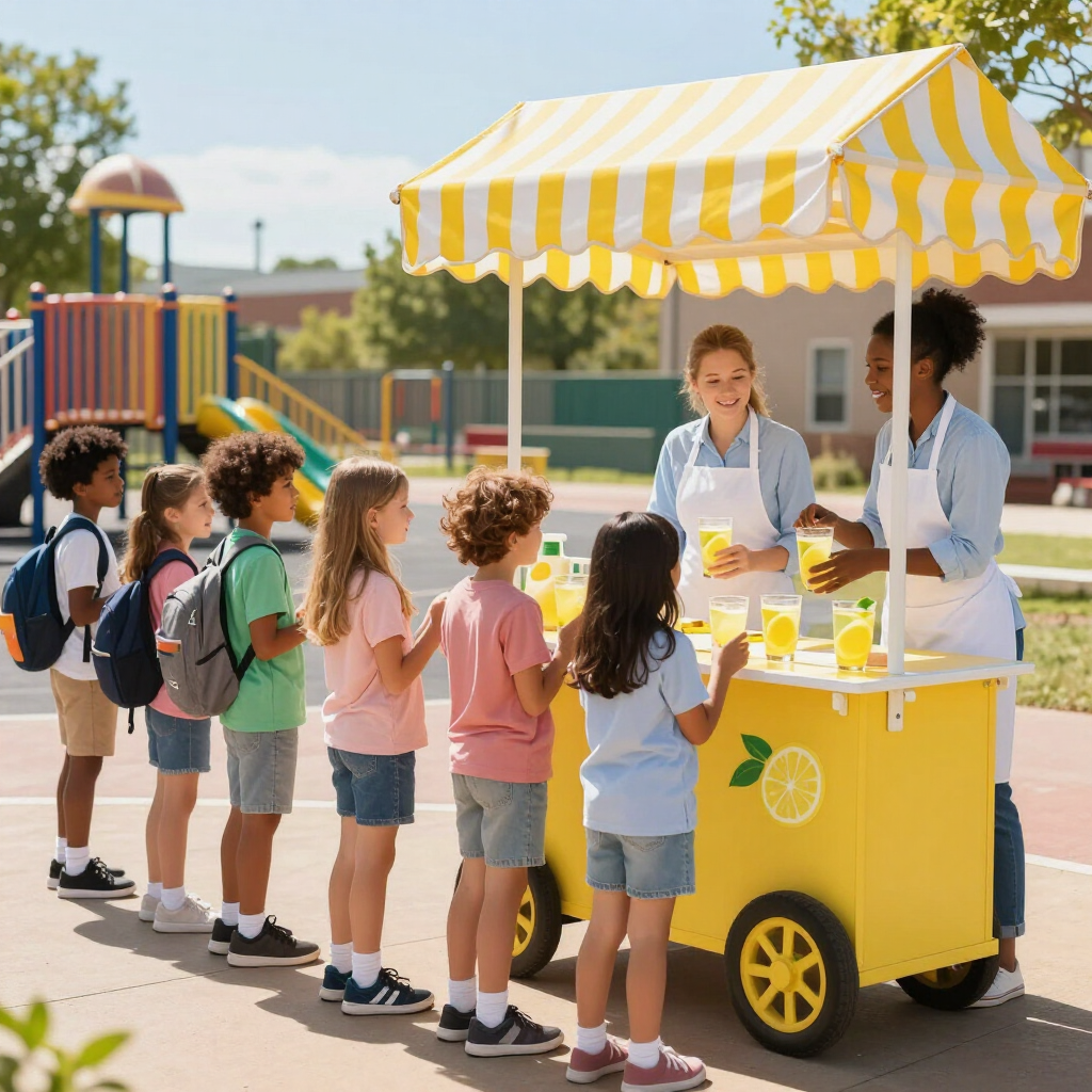 Children line up at a yellow lemonade stand with striped awning in a playground.