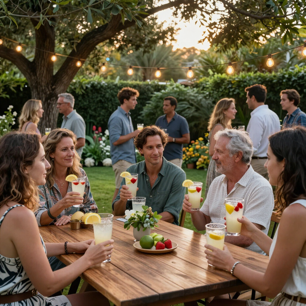 Friends chatting around a wooden table at an outdoor garden party with drinks and string lights.