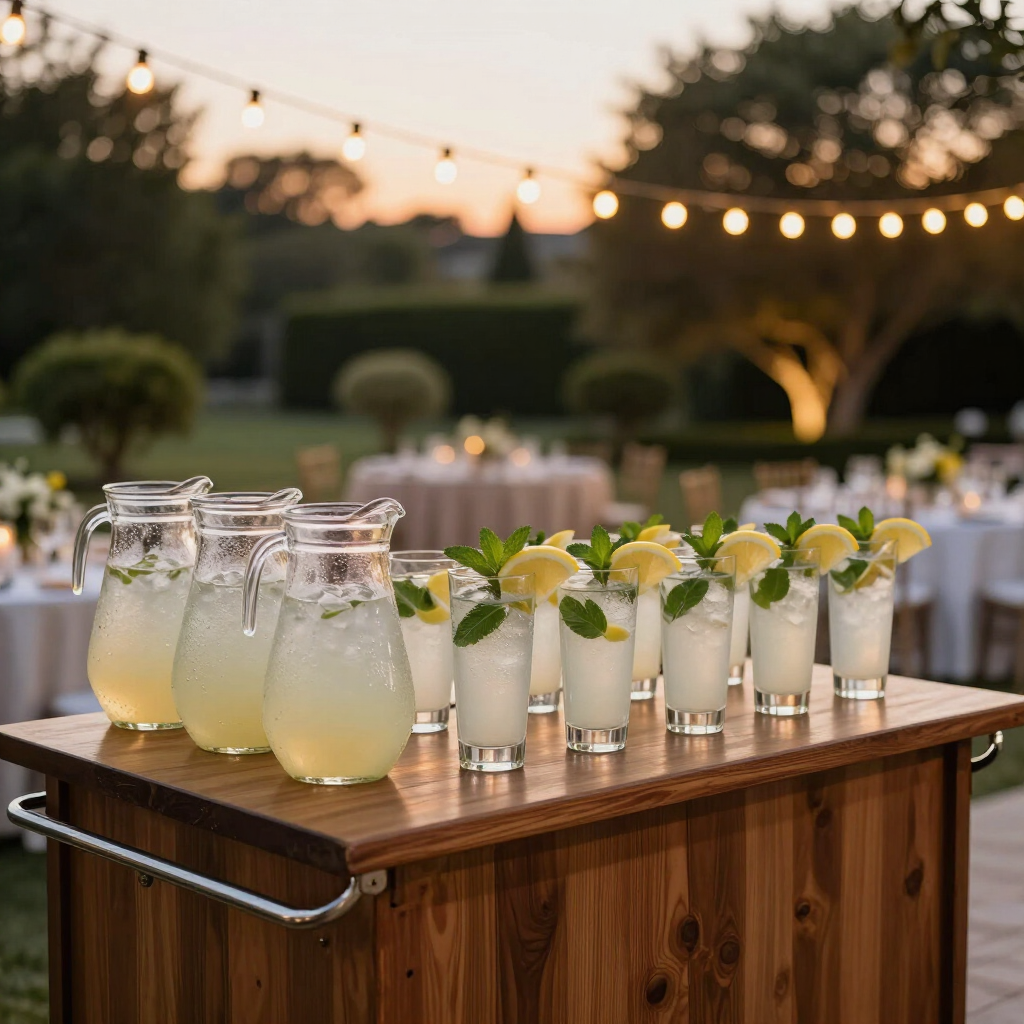 Outdoor drink station with glass pitchers and lime-garnished cocktails on a wooden table at dusk