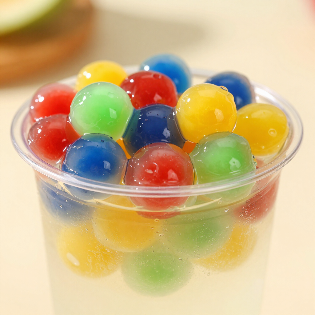 Clear cup of colorful translucent jelly balls in red, yellow, green, and blue