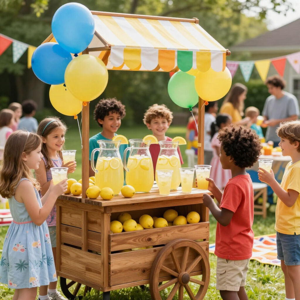 Children selling lemonade at a stand with yellow and blue balloons in a sunny park
