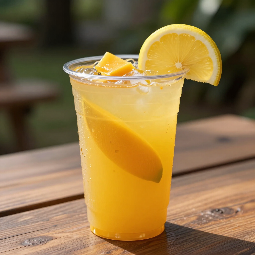 Glass of orange lemonade with ice and a lemon slice on a wooden table outdoors