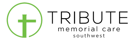 Logo for Tribute Memorial Care: a green cross within a green circle, next to the word 