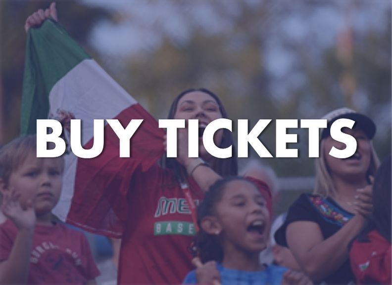 Crowd cheering with “BUY TICKETS” text overlaid in bold white letters