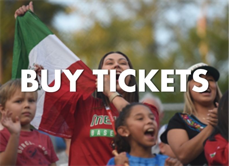 Crowd cheering with a Mexican flag and bold text saying “BUY TICKETS”