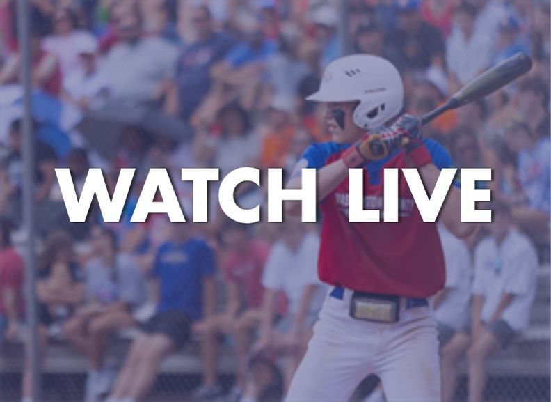Baseball player batting with “WATCH LIVE” text over a blurred stadium crowd