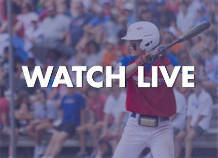 Baseball player batting with “WATCH LIVE” text over a blurred stadium crowd