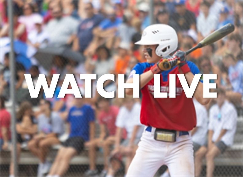 Baseball player in red swings bat with “WATCH LIVE” text over a blurred crowd background
