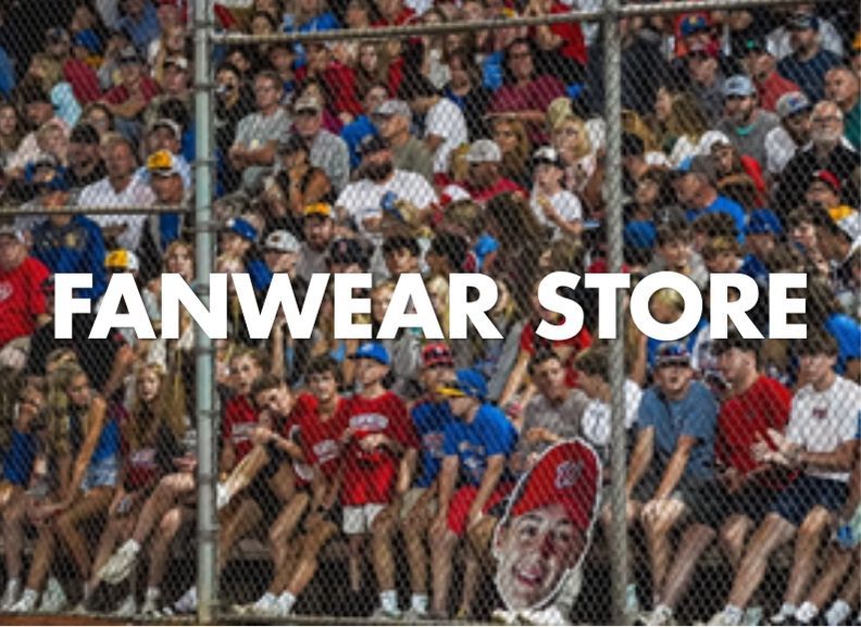 Crowd behind fence with bold white text reading “FANWEAR STORE”