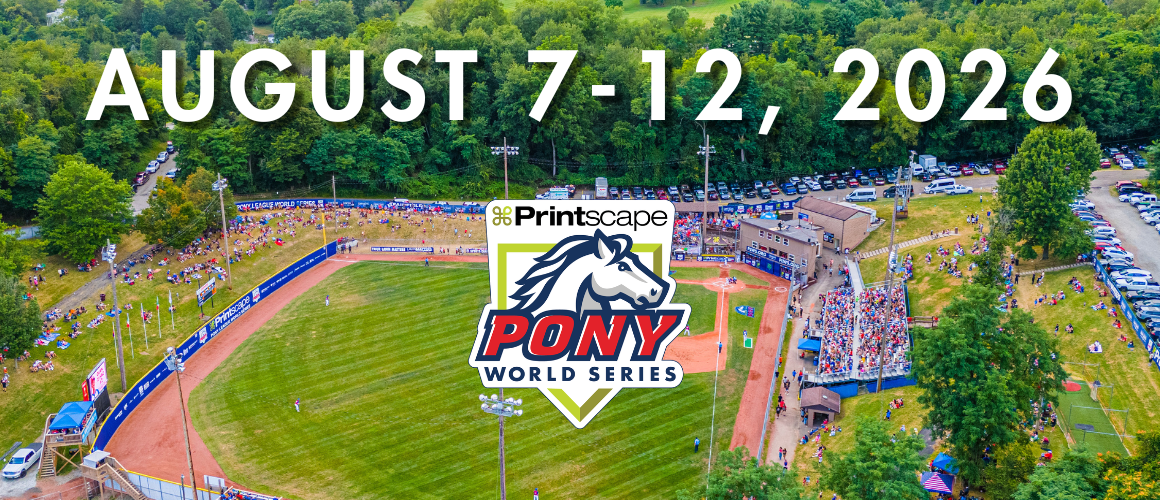 Picture of Historic Lew Hays Pony Field with text saying August 7 through 12 overlayed and Printscape Pony World Series logo