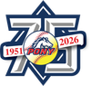 Blue-and-silver 75 logo with PONY softball emblem and red dates 1951 and 2026