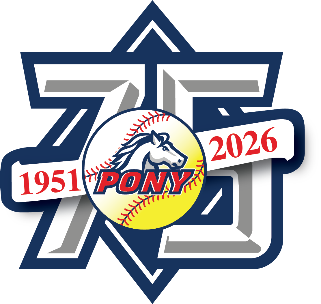Blue-and-silver 75 logo with PONY softball emblem and red dates 1951 and 2026