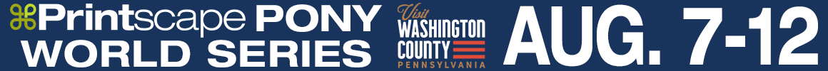 Printscape Pony World Series logo with Washington logo and date AUG. 7-12 on blue banner