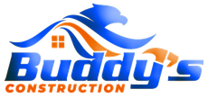 Logo for Buddy's Construction: Blue eagle, orange and blue design, white house silhouette, blue 