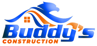 Logo for Buddy's Construction: Blue eagle, orange and blue design, white house silhouette, blue 