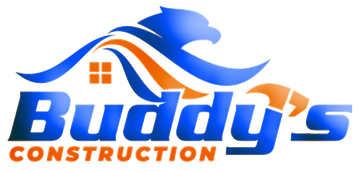 Logo for Buddy's Construction: Blue eagle, orange and blue design, white house silhouette, blue 