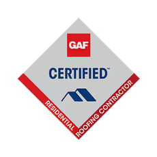 GAF Certified Residential Roofing Contractor badge, gray diamond with red accents, blue roof icon.